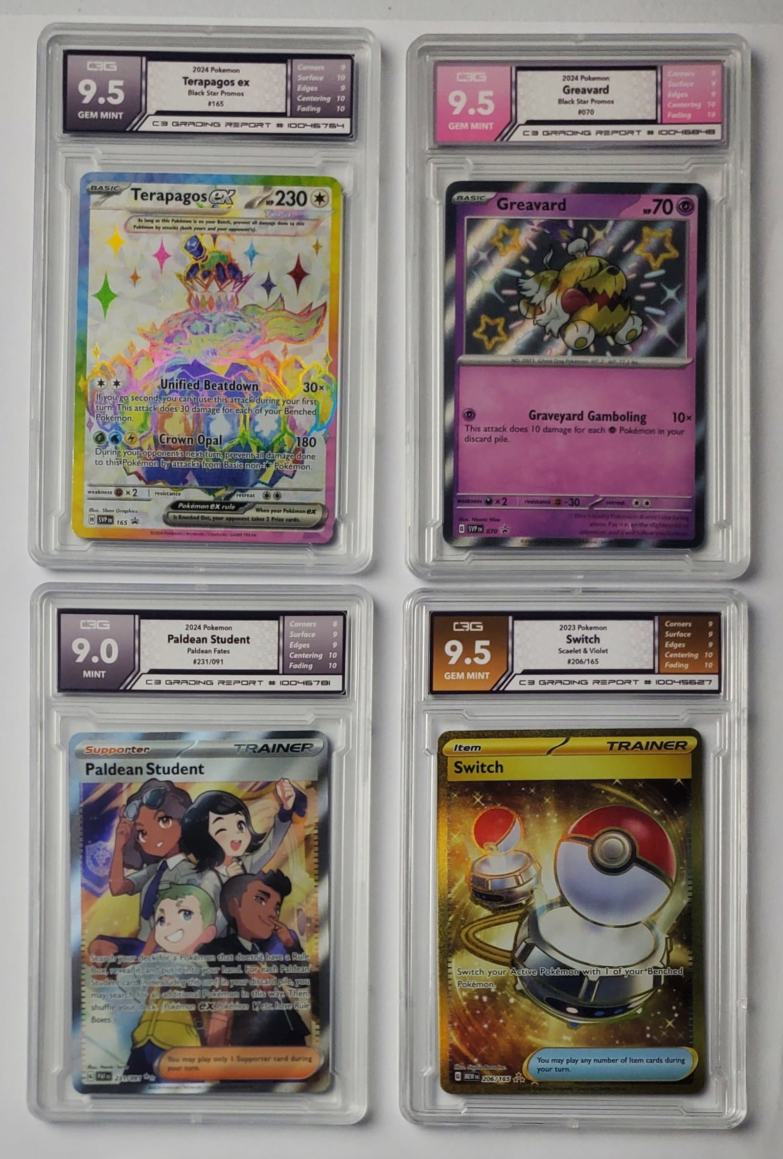 Lot of 4 Pokemon Cards featuring Terapagos EX: Terapagos EX, Grevard, Paldean Student, & Switch