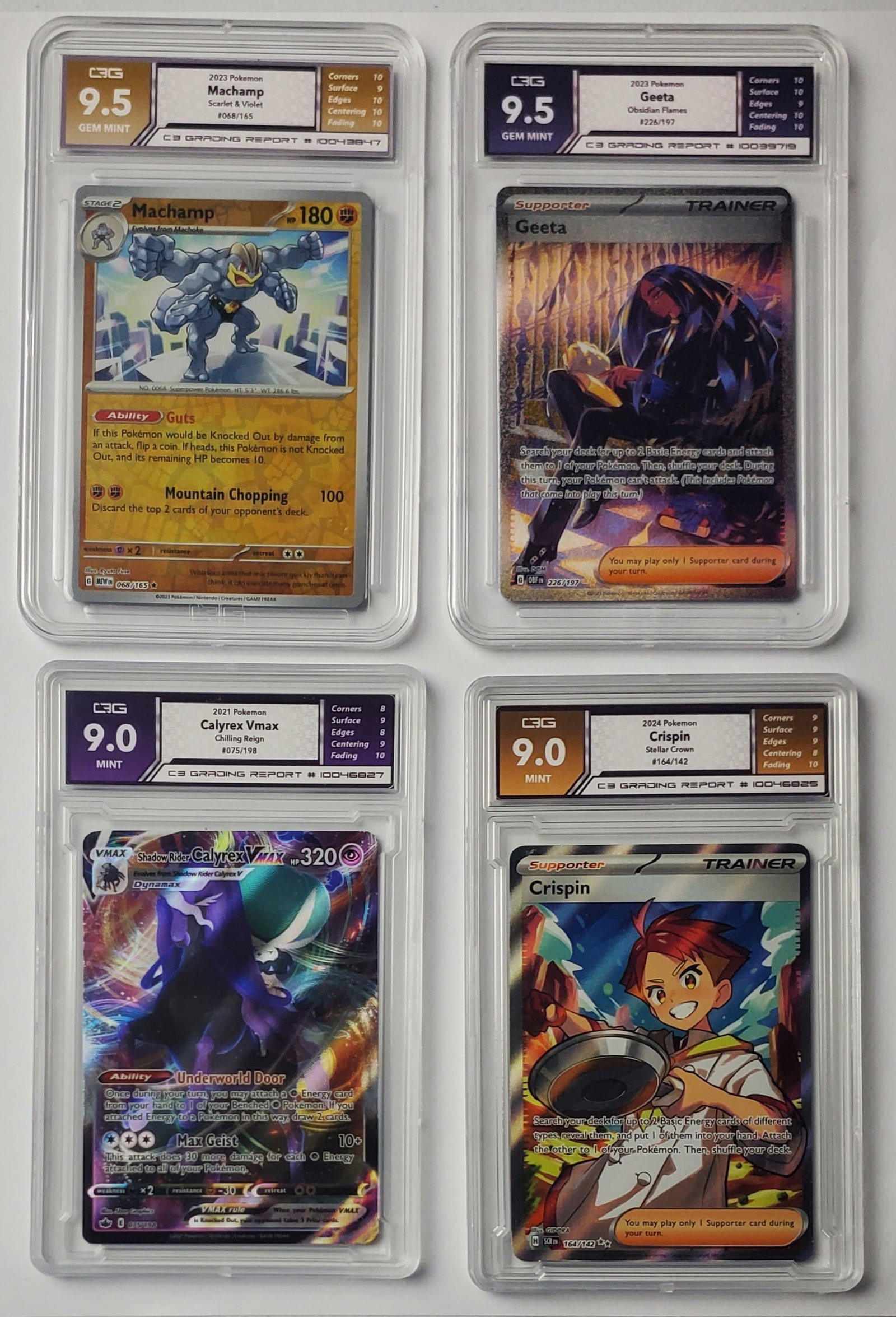 Lot of 4 Pokemon Cards featuring Machamp: Machamp, Geeta, Calyrex VMAX, & Crispin