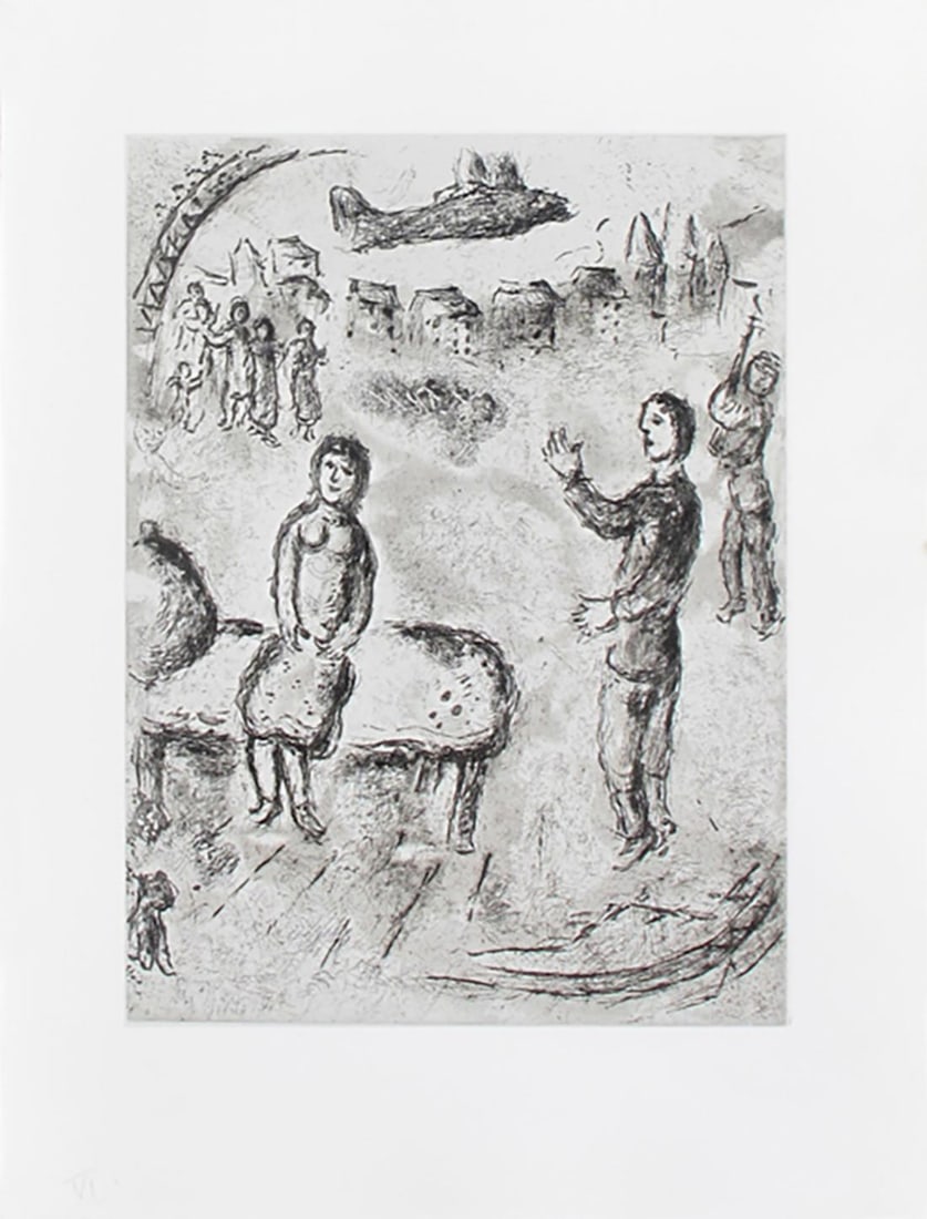 Marc Chagall, 'Et Sur La Terre' - Plate VII, Limited Edition Original Etching, 1977: Marc Chagall Edition : 225 proofs Number : Without Paper : Rives, with the watermark ME (Maeght Publisher) Illustration size : 23,5 x 31,5 cm Paper size (or piece size) : 33,2 x 43,5 cm Reference : Cr