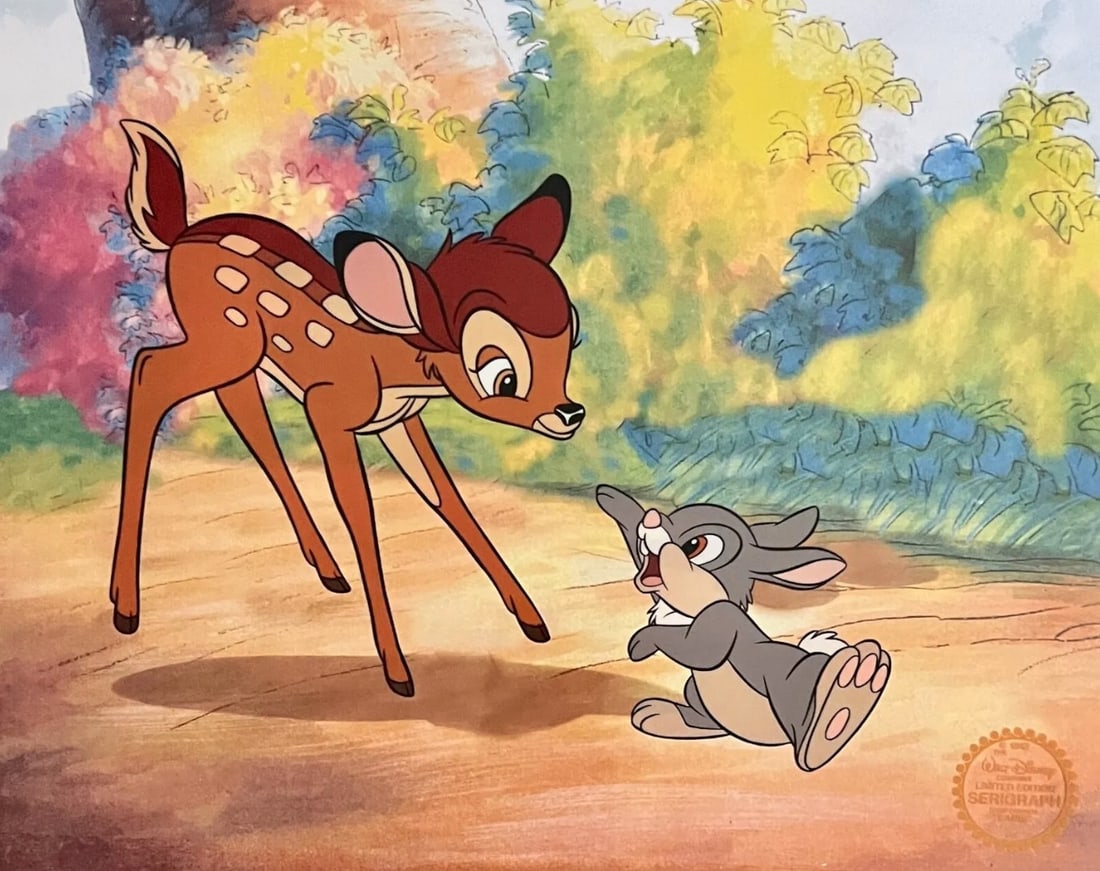 Disney, 'Bambi & Thumper - Forest Background', Limited Edition Animation Cel: Limited edition Serigraph Cel of Bambi and Thumper. From 1942 Walt Disney Studios - Bambi. Disney’s own artists have selected this scene from the original animation drawings used to produce this cla