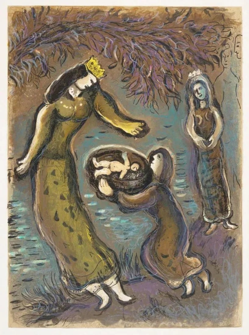 Marc Chagall 'Pharaohs Daughter and Moses, 1966' original lithograph: Artist: MARC CHAGALL Title: Pharaohs Daughter and Moses (FROM STORY OF THE EXODUS) Medium: Lithograph on arches paper Image Size: 18.50x13.50 inches paper size: 20 x 15 inches Released: 1966 Edition: