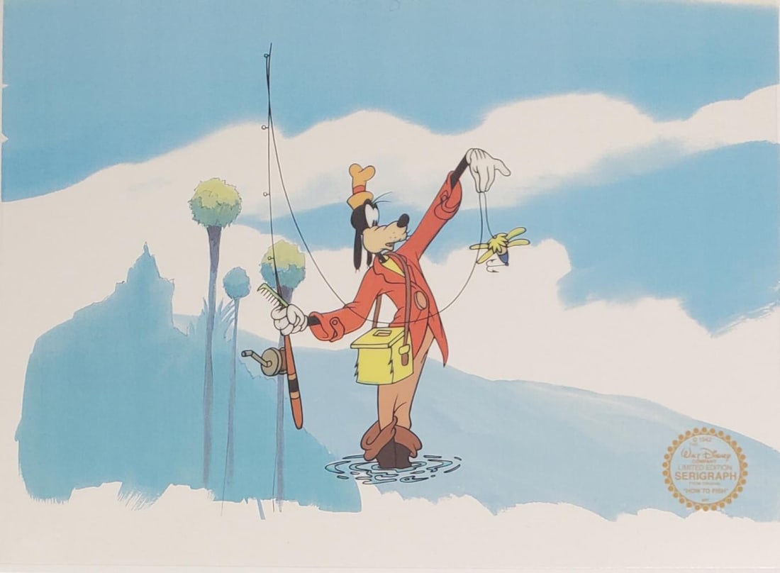 Disney Goofy Fishing Limited Edition Sericel Animation Art Cel: This is a Limited Edition Serigraph / Silk Screen cel of Goofy Fishing. Disney’s own artists have selected this scene from the original animation drawings used to produce this classic Disney film. K