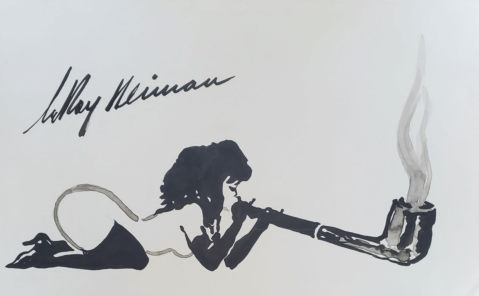 Playboy | LeRoy Neiman Femlin Smoking, Original Drawing: Artist: LeRoy Neiman Title: Playboy Femlin Medium: Watercolor on Paper Subject: Playboy Magazine Femlin Condition: Very Good Size: 11.25 x 7 Condition: Very Good - Excellent