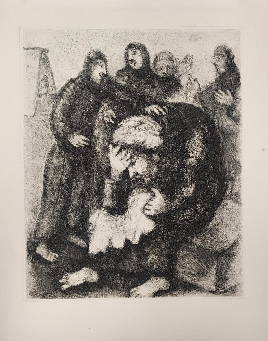 Marc Chagall, 'Jacob Pleurant Joseph (Jacob Weeps For Joseph), 1956: Artist: Marc Chagall Title: Jacob Weeps for Joseph Year: 1956 Dimensions: 16.12" W: 12.37" Medium: Etching, Unsigned Condition: Excellent
