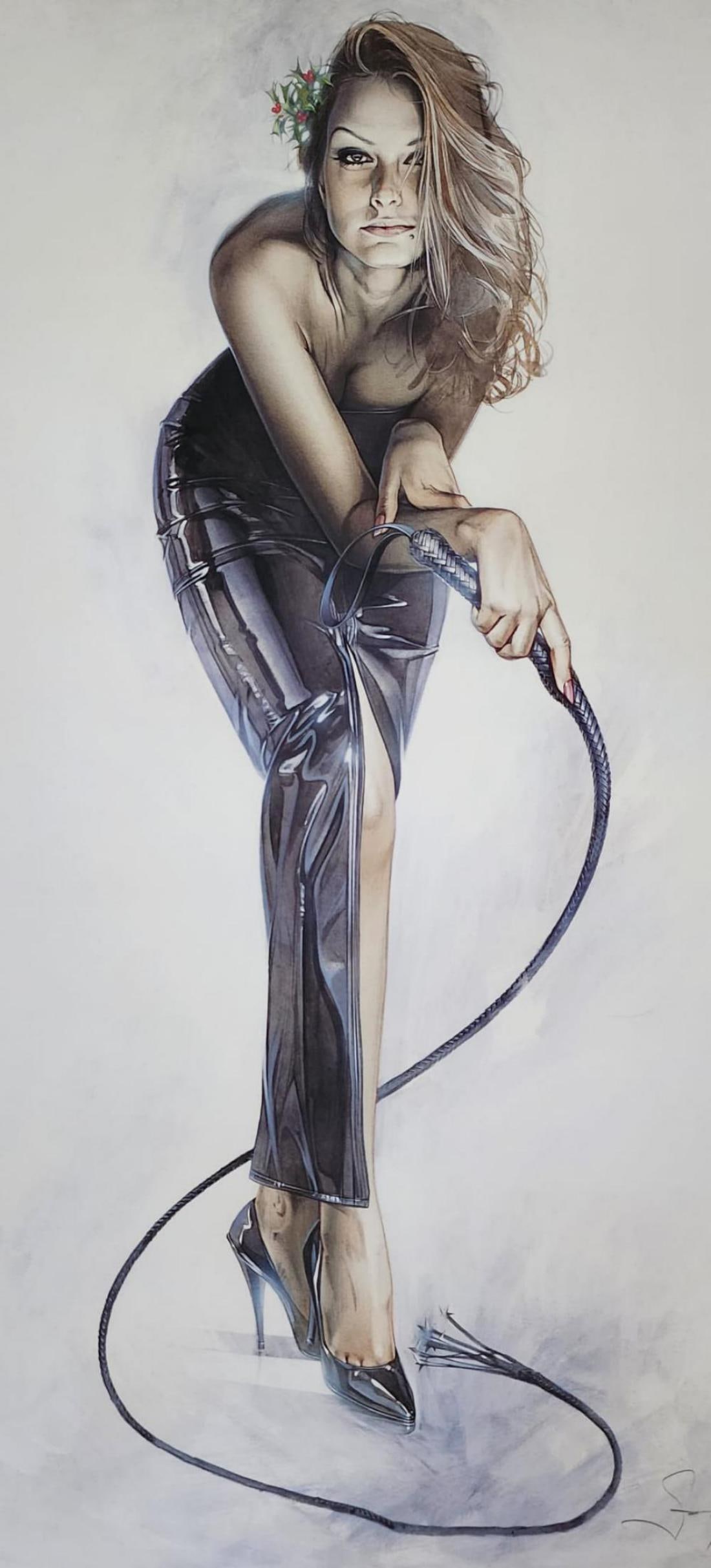 Hajime Sorayama, 'Woman With Whip', Signed Limited Edition Lithograph: Artist: Hajime Sorayama, Japan, b. 1947 Size: 17" x 24" Medium: Lithograph on High Gloss Paper Signature: Lower Left Subject: Nude Female in Black Leather Jacket and Boots, Urinating Limited Edition o