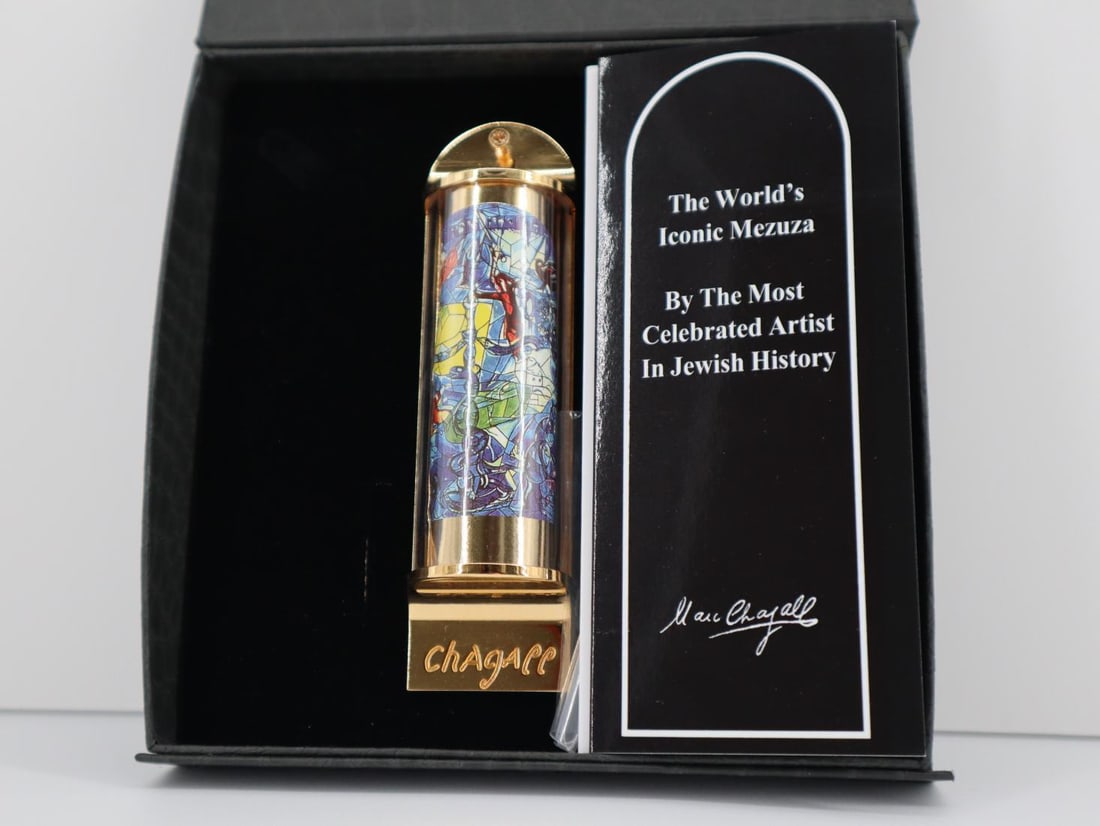 Marc Chagall, 'Dan', 24K Gold Plated Limited Edition Mezuzah w/ Silkscreen: Artist: Marc Chagall Medium: Mezuzah - Exquisite glass housing is set in a 24K gold plated bronze with full color silkscreen TITLE: DAN (THE TWELVE TRIBES SERIES) Size: 5" x 1.5" Weight: 7 oz. Limited