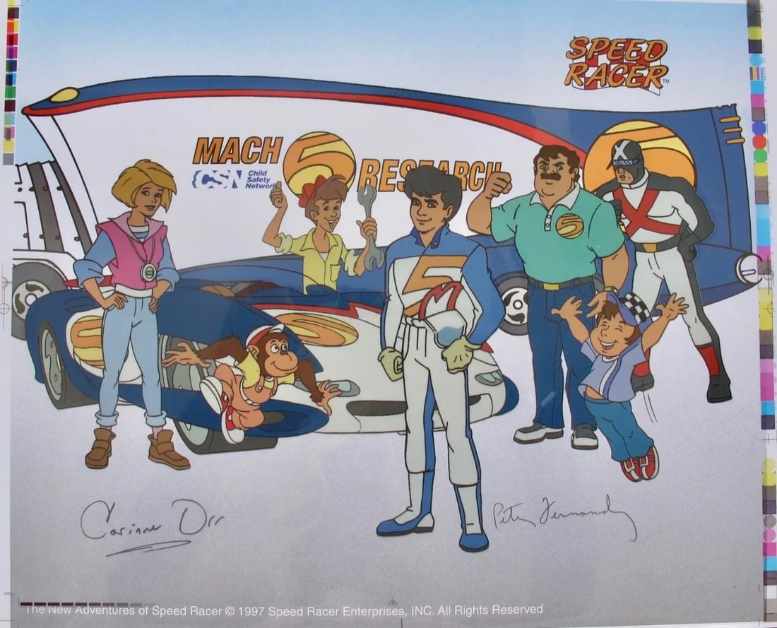 Funimation, 'Speed Racer - Mach 5 (The New Adventures)', Limited Edition Animation Cel: Limited edition Sericel titled “SPEED RACER MACH 5 TEAM”. This Cel measures 10? x 12?, comes unframed, in excellent condition. This edition is facsimile signed by Corinne Orr and Peter Fernand