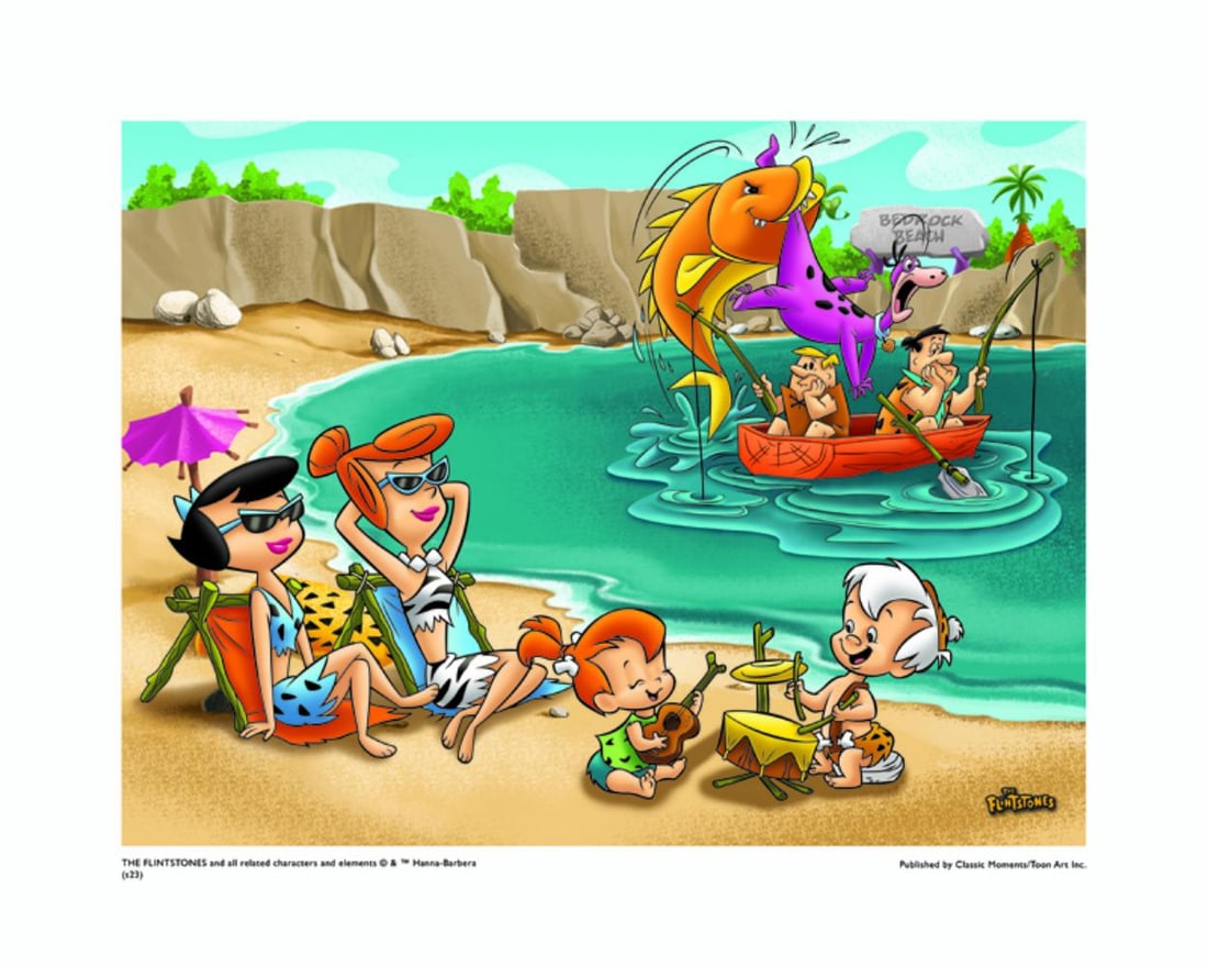 Warner Bros, Looney Tunes, "Flinstones Beach", 16"x20": Subject- Flinstones Beach Published by Classic Moments as Part of a Limited Edition Run of 500 Type- Animation Giclee Paper- MT600 Year- Circa 2000-2010 Size- 16" x 20" Licensed by Warner Bros. Condit