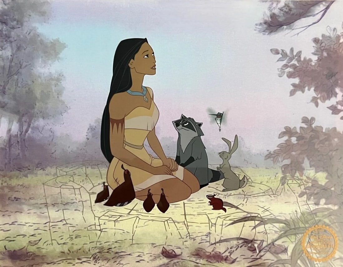 Disney, 'Pocohontas', Limited Edition Animation Cel: Limited edition Serigraph Cel of Pocahontas, Meeko, Flit and Bunny. From 1995 Walt Disney Studios - Pocahontas. Disney’s own artists have selected this scene from the original animation drawings use