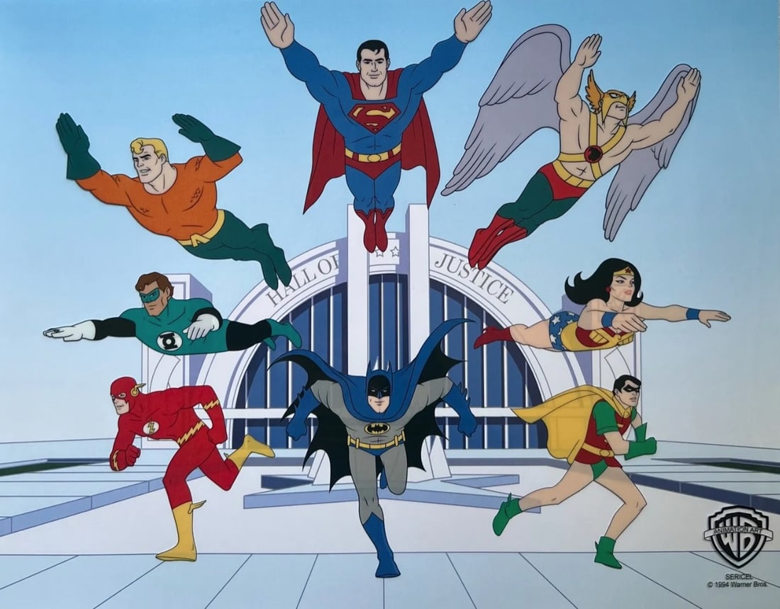 Warner Bros, 'Super Friends - Batman, Superman & Wonder Woman', Animation Cel: Artistic recreation sericel from Warner Bros "Super Friends" animated series. This fantastic animation features Superman, Aquaman, Wonder Woman, The Flash, The Green Lantern, Hawkman, Batman and Robin