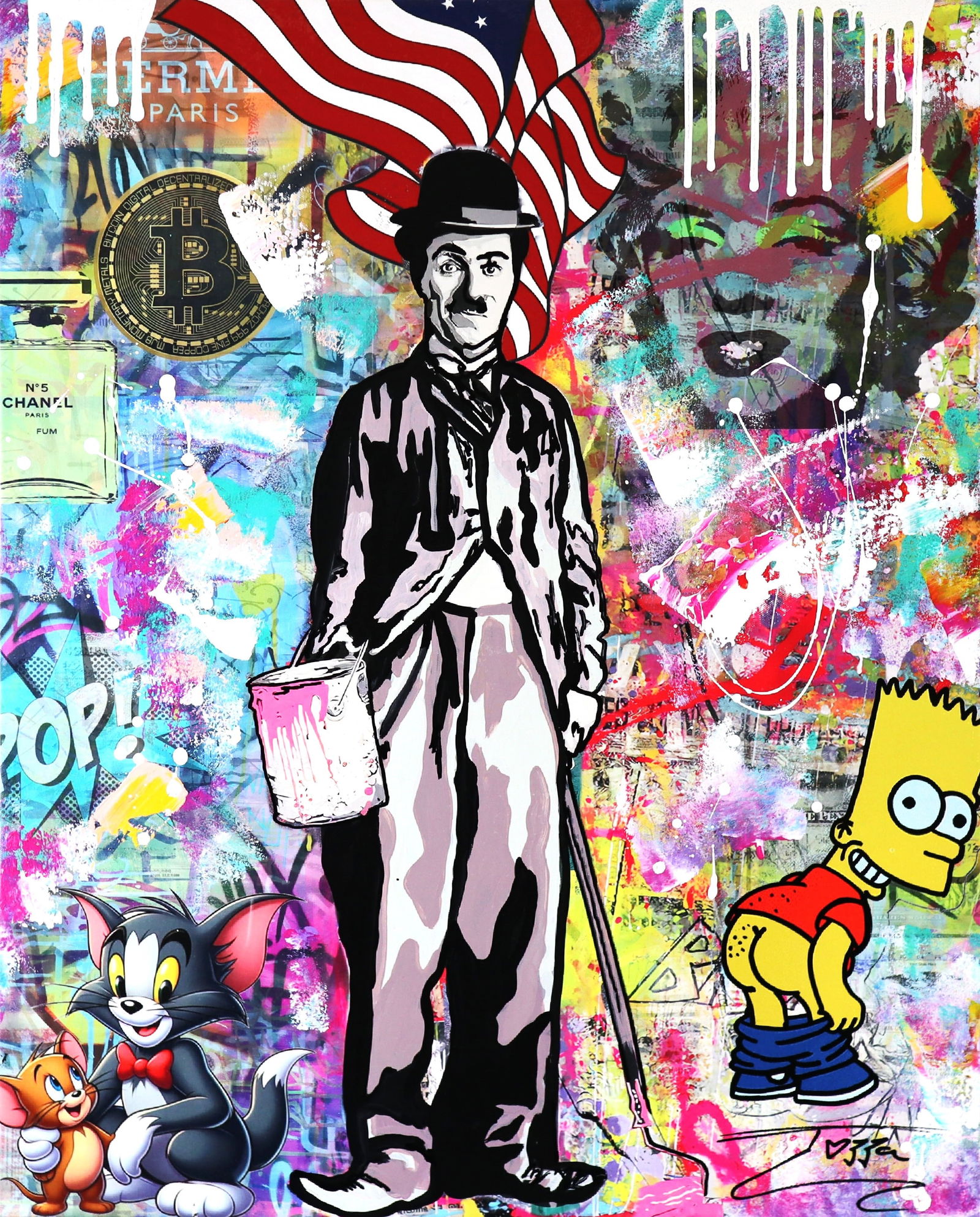 Jozza, 'The Patriot', Original Pop Art Canvas Painting, 2025, 30"x24": Artist: Jozza Pop Art Title: "The Patriot" Influences: Charlie Chaplin - Brainwash - Tom & Jerry - Bart Simpson - Channel - Bitcoin Surface: Canvas Medium: Acrylic Paint Dimensions: 24"x30" Technique: