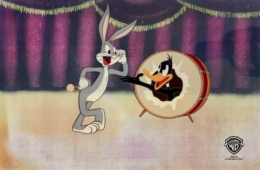 Warner Bros, Looney Tunes, Bugs Bunny & Daffy Duck on stage, Limited Edition Animation Cel: Limited edition Sericel of Warner Bros Looney Tunes. This fantastic animation features Daffy Duck and Bugs Bunny in the classic animation. This Cel measures 11" x 14", comes unframed, in excellent con