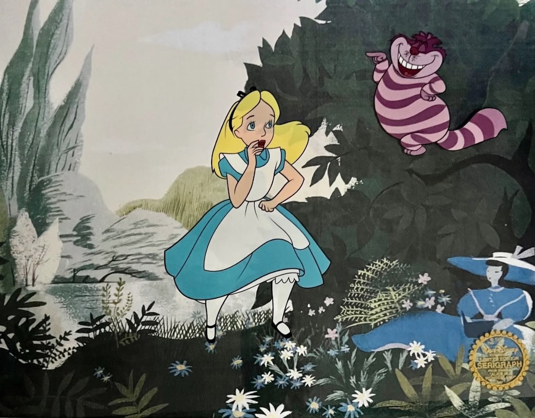 Disney, Alice In Wonderland - Alice & Cheshire, Limited Edition Sericel: Limited edition Serigraph Cel from 1951 Walt Disney Studios - "ALICE IN WONDERLAND". This sericel features the characters Alice and the Cheshire Cat. Disney’s own artists have selected this scene fr