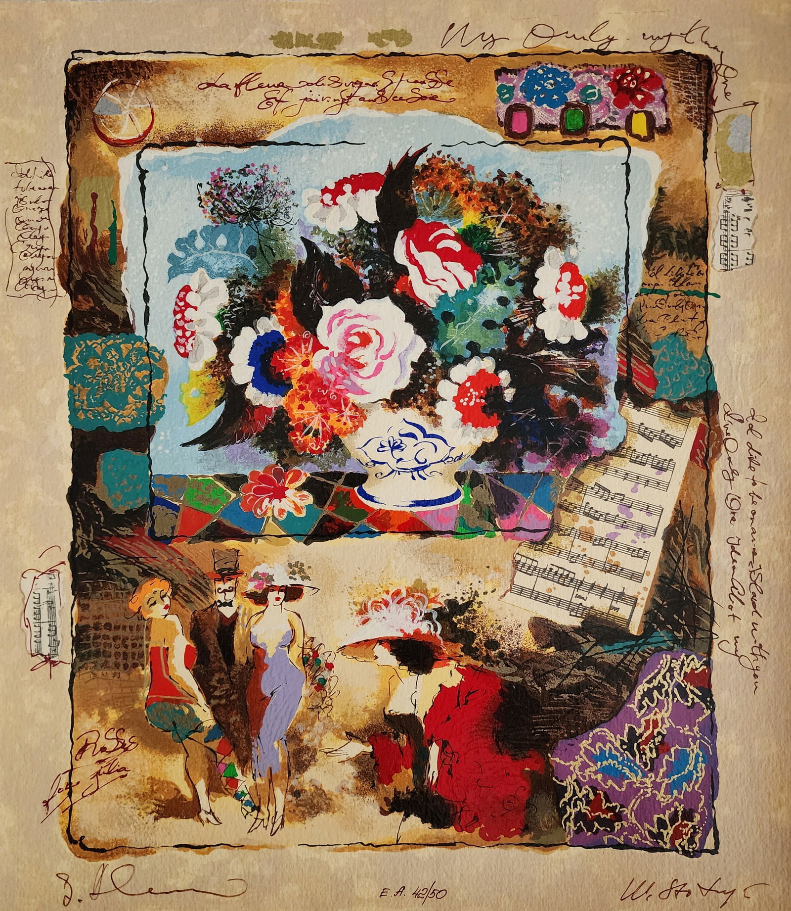 Alexander Galtchansky And Tanya Wissotzky, 'Evening Bouquet' Hand Signed Limited Edition Serigraph: Artist: Alexander Galtchansky (1959-2008) and Tanya Wissotzky (1959-2006) Title: EVENING BOUQUET Type: serigraph on deckle edged paper Edition: Limited Plate Signed and numbered Size: approximately 36