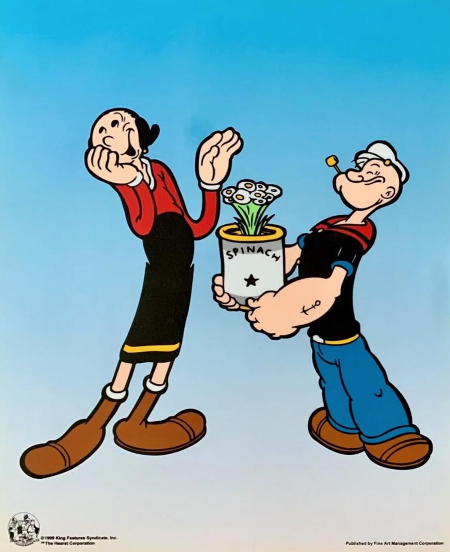 Hearst Corp, Popeye & Olive Oil - Flowers For his Girl, Limited Edition Animation Cel: This is an exquisite Limited Edition Sericel titled "Spinach Bouquet" featuring the Popeye and Olive Oil. This serigraph cel was created from an actual image used in the original Popeye animated serie
