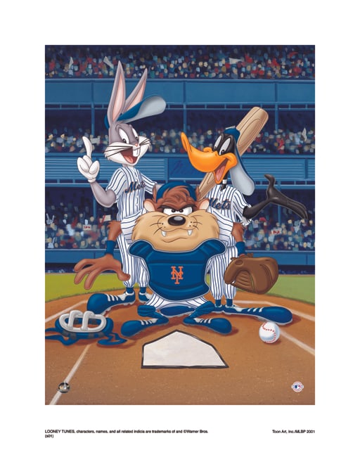 Warner Bros, Looney Tunes, Bugs, Daffy & Taz, 'At The Plate, New York Mets': Title: At The Plate, New York Mets Subject: Looney Tune's Squad Publisher: Classic Moments Type: Animation Giclee Paper: MT600 Year Produced: Circa 2000-2010 Size: 16" x 20" Condition: Excellent 