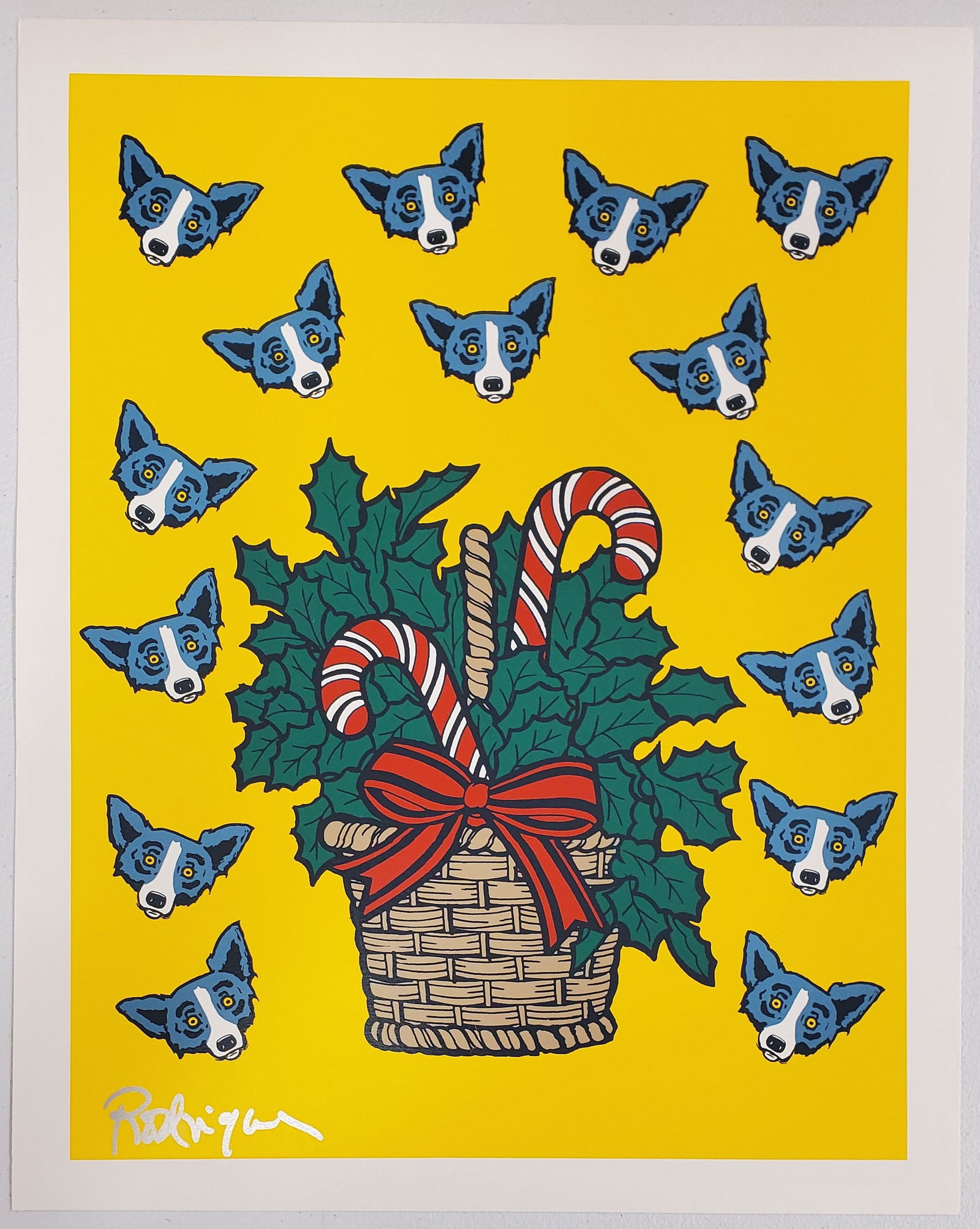 George Rodrigue, Blue Dog - 'High On Sugar' Hand Signed Silkscreen: Artist: George Rodrigue Title: High on Sugar Year: 2000 Dimensions: 20in. by 16in. Edition: from the rare limited edition of 150 Medium: Original serigraph on paper Condition: Excellent Signature Deta