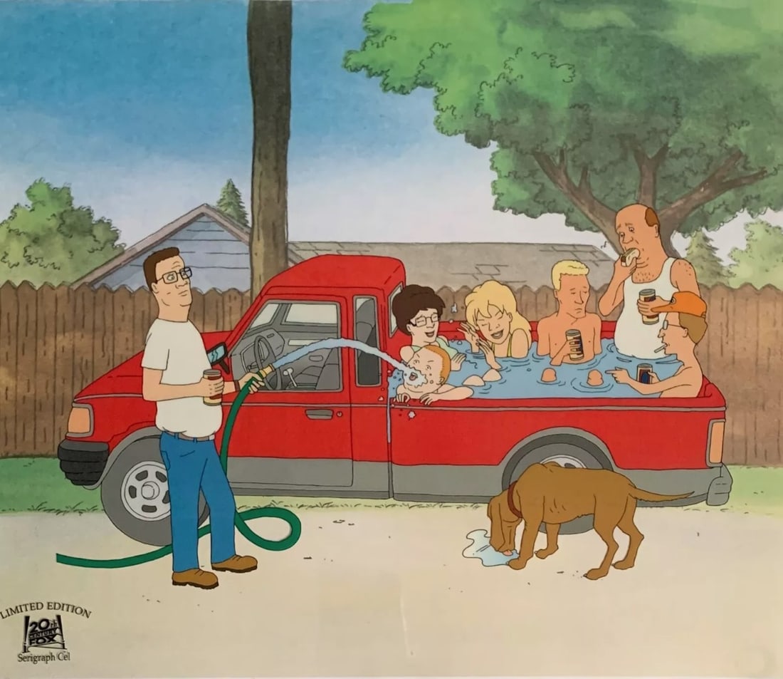 20th century fox studios, King of The Hill - Truck Bed Pool, Limited Edition Animation Cel: This is a large Limited Edition Sericel of King of the Hill by 20th Century Fox and Mike Judge. This fantastic animation features Peggy, Bobby, Nancy, and Hank Hill with Bill Dauterive and Dale Gribbl