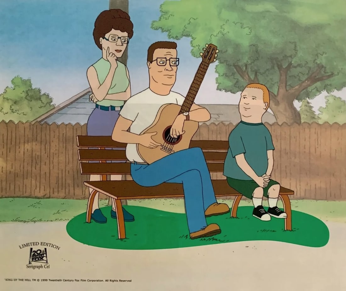 20th century fox studios, King of The Hill - Hank with Peggy & Bobby, Limited Edition Animation Cel: This is a large Limited Edition Sericel of King of the Hill by 20th Century Fox and Mike Judge. This fantastic animation features Peggy, Bobby, and Hank Hill as they appear in the animated show