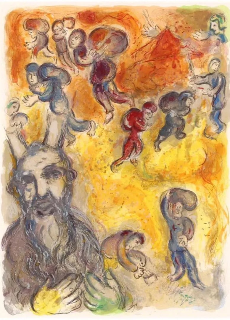 Marc Chagall, 'Moses Sees the Suffering of His People' original lithograph from The Story of the Exo: Artist: MARC CHAGALL Title: Moses Sees the Suffering of His People (FROM STORY OF THE EXODUS) Medium: Lithograph on arches paper Image Size: 18.50x13.50 inches paper size: 20 x 15 inches Released: 196
