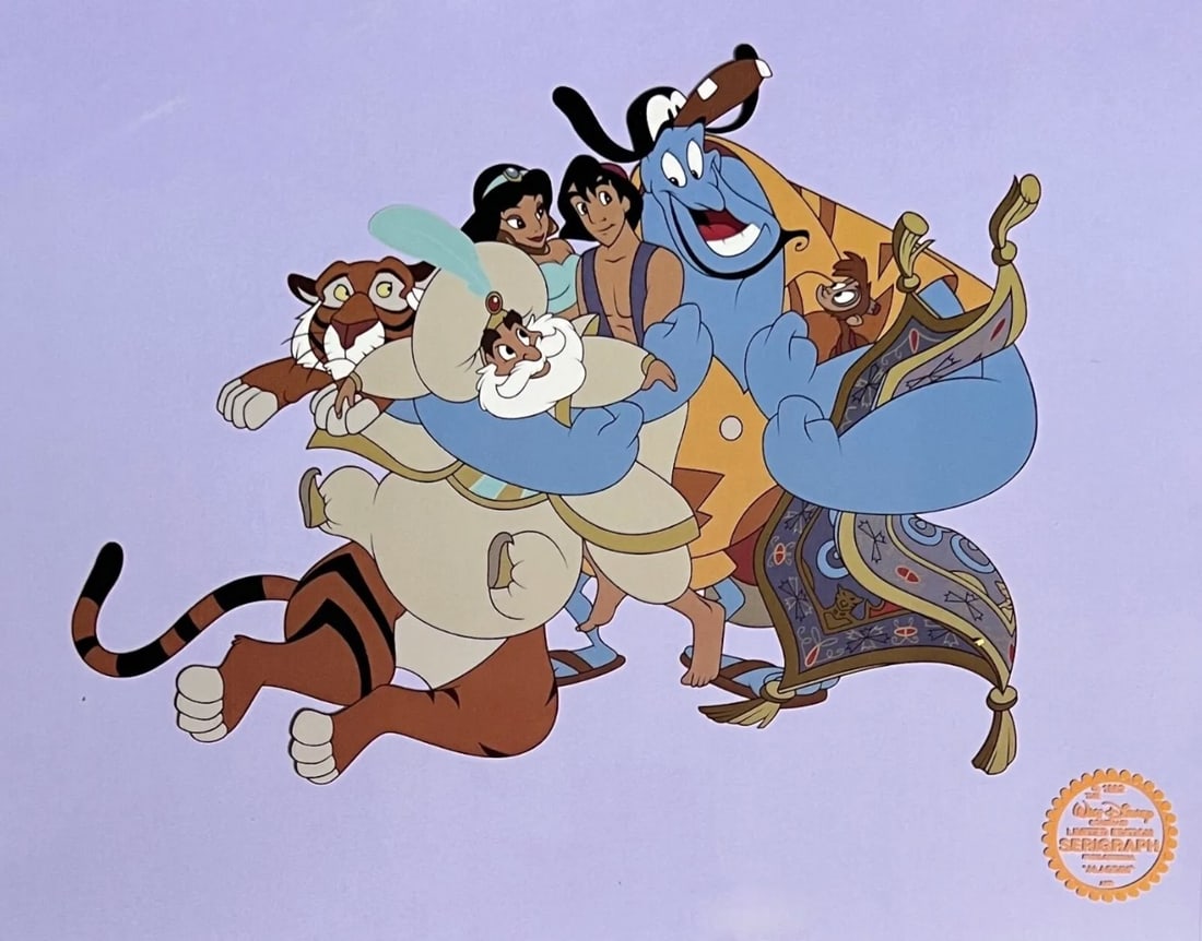 Disney, Aladdin, Jasmine, Genie & Abu - Lavender Background, Limited Edition Animation Cel: Limited edition sericel of Aladdin. Characters pictured include Aladdin, Jasmine, The Sultan, Genie, Abu, Magic Carpet, and Rajah. From 1992 Walt Disney Studios - Aladdin. Disney’s own artists