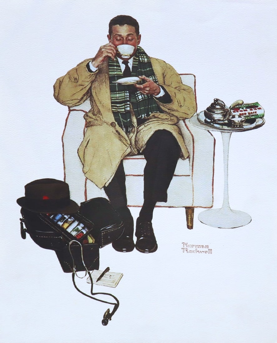 Norman Rockwell, Doctor Relaxing with Tea, Lithograph: Artist: Norman Rockwell (1894-1978) Dimensions: 11"x8.5" Type: Fine Art Print Surface: Paper Year: C.1980s Artist Bio: Norman Rockwell (1894-1978) was an iconic American painter and illustrator famous