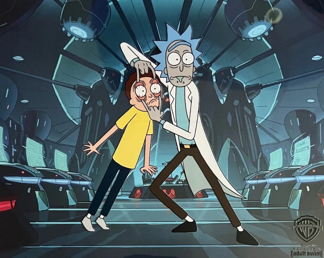 Warner Bros - Adult Swim, 'Rick & Morty, "Open Your Eyes Morty!", Limited Edition Animation Cel: Limited edition Rick and Morty sericel titled "Full Meta Jackrick". This fantastic recreation animation sericel features Rick and Morty as they appeared in the animated sitcom. This Cel measures 11"