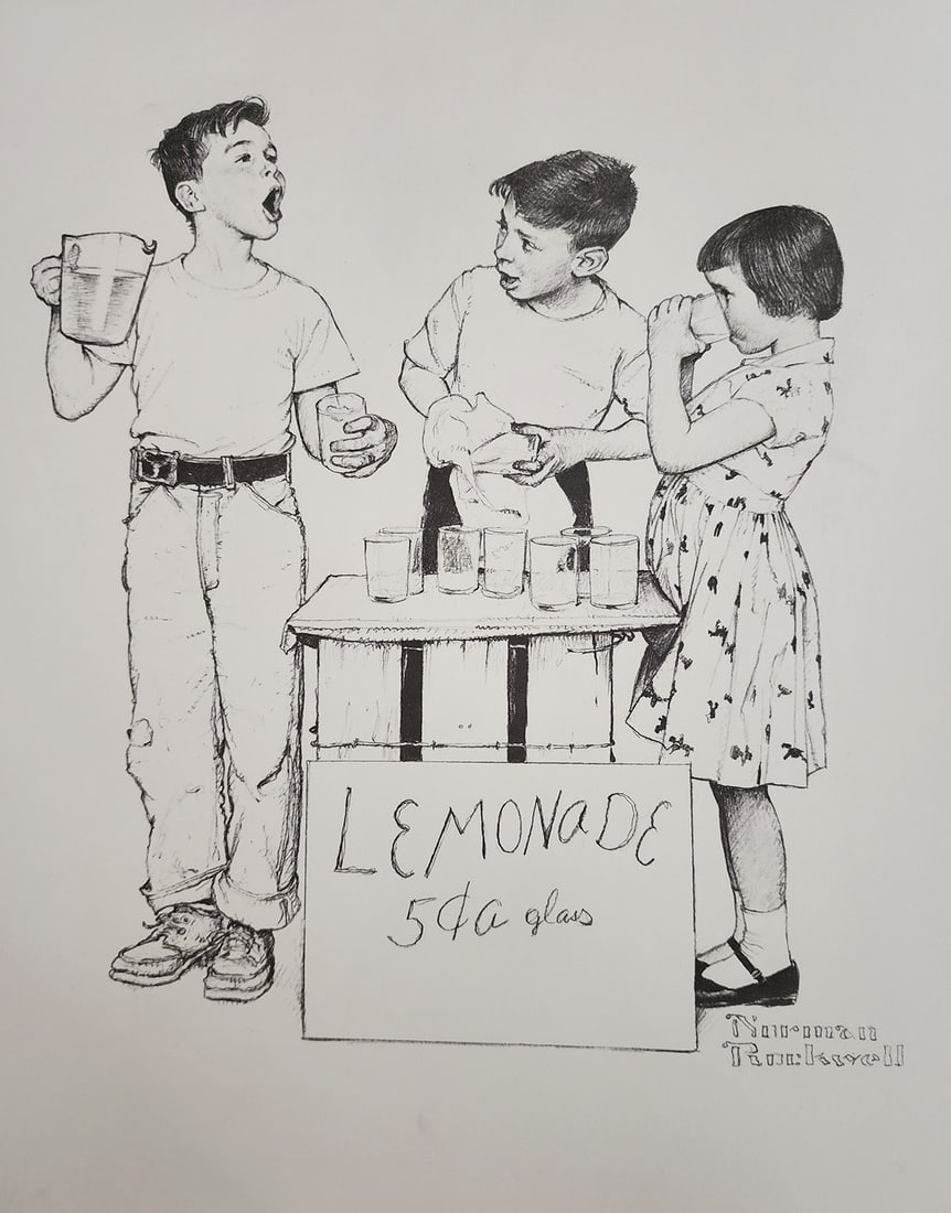 Norman Rockwell, Lemonade Stand - C.1960S: Norman Rockwell "Lemonade Stand" from the "American Family Life" portfolio, Sketch Drawing 1950s for Massachusetts Mutual Company Media: offset lithograph on heavy cardstock paper Licensed print,