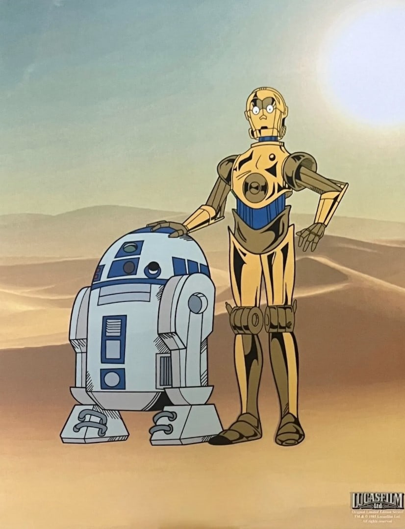 Disney, Star Wars, Droids R2-D2 And C-3PO, Sericel: Rare sericel from the 1985 animated series “Star Wars Droids: The Adventures of R2-D2 and C-3PO”. This Cel measures 14? x 11?, comes unframed, in excellent condition. This cel bears an