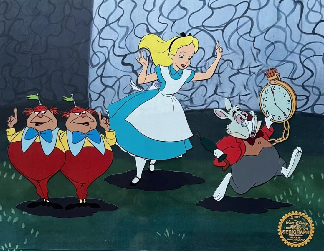 Disney, Alice In Wonderland with the Rabbit, Limited Edition Sericel: Limited edition Serigraph Cel from 1951 Walt Disney Studios - "ALICE IN WONDERLAND". This sericel features the characters Alice, White Rabbit, Tweedledee and Tweedledum. Disney’s own artists have se