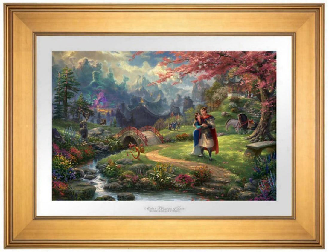 Thomas Kinkade, 'Mulan - Blossoms Of Love', Signed Limited Edition Lithograph: Thomas Kinkade 'Mulan - Blossoms of Love' Offset Lithograph, on premium heavyweight (100 lbs.) archival papers with superior fade-resistant inks Image Size: 18x12 inches Framed: Approx. 24x18 inches E