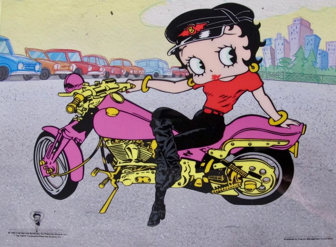 Fleischer, 'Betty Boop - On a Pink Harley Davidson (Blue Background)', Limited Edition Animation Cel: Limited edition Sericel of Betty Boop on a Motorcycle. This fantastic animation features Betty as she appeared in the cartoons. This Cel measures 6" x 8", comes unframed, in mint condition. This piece