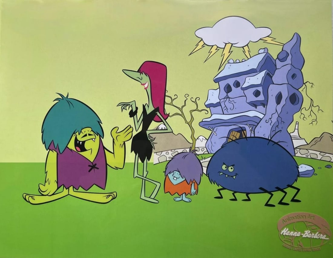 Hanna-Barbera, The Gruesomes, Limited Edition Animation Cel: Limited edition artistic recreation sericel titled "The Gruesomes". This fantastic animation sericel features Weirdly and Creepella, their son Goblin (a.k.a. Gobby) and their pet spider Schnieder as