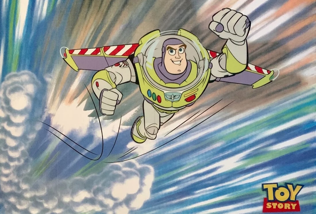 Disney, 'Toy Story - Buzz Lightyear', Limited Edition Animation Cel: Genuine Limited Edition Serigraph Cel of Buzz Lightyear from Toy Story. Disney’s own artists have selected this scene from the ORIGINAL animation drawings used to produce this classic Disney film. K