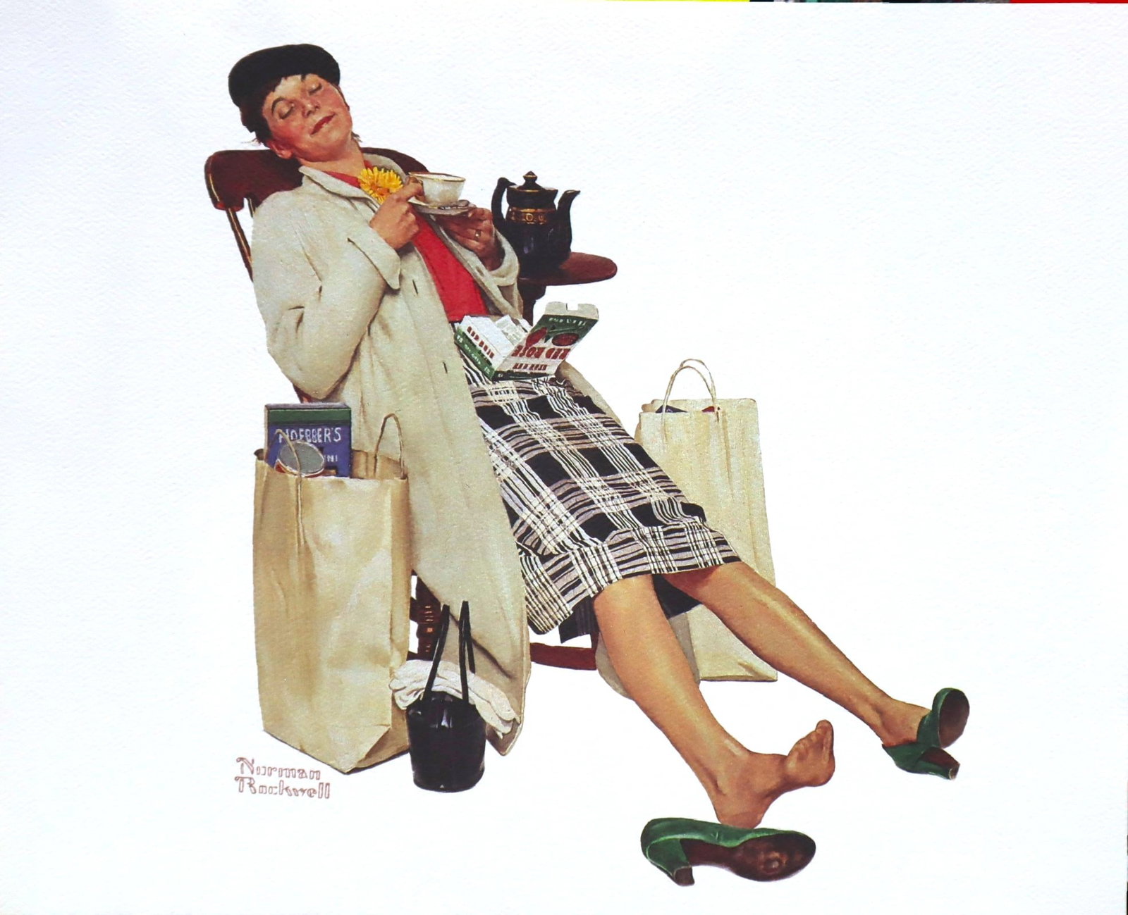 Norman Rockwell, Woman Relaxing with Tea, Lithograph: Artist: Norman Rockwell (1894-1978) Dimensions: 11"x8.5" Type: Fine Art Print Surface: Paper Year: C.1980s Artist Bio: Norman Rockwell (1894-1978) was an iconic American painter and illustrator famous