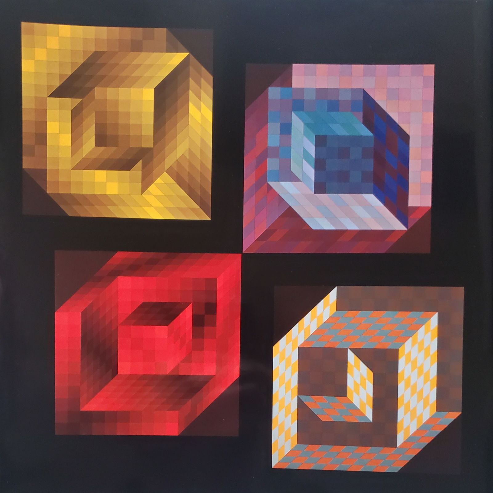 Victor Vaserely, AXO-2, AXO-22, AXO-33, AXO-44, 1968-69 Framed: Description: Title: AXO-2, AXO-22, AXO-33, AXO-44 Type: Monograph on paper Not Signed or numbered, as published Published by Editions Du Griffon Neuchatel in 1975, and printed in Switzerland. Size 10.