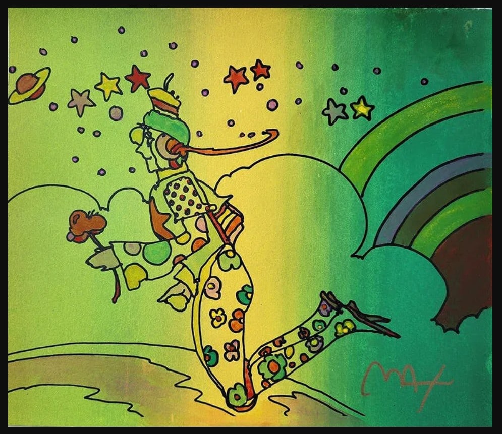 Peter Max Cosmic Flyer Green Mixed Media on Paper C1990: Artist: Peter Max Title: Cosmic Flyer (Green) Medium: Mixed Media On Paper Edition: Original Size: 12"x13.5" inches Hand signed by the artist Frame size 22.25"x18.25" inches Condition: Excellent