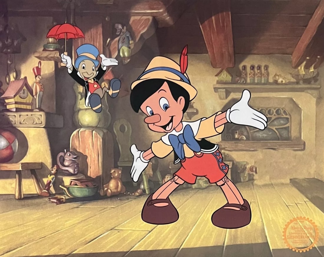 Disney, Pinocchio & Jiminy Cricket, Limited Edition Animation Cel: Limited edition Serigraph Cel of Pinocchio and Jiminy Cricket. From 1940 Walt Disney Studios - Pinocchio. Disney’s own artists have selected this scene from the original animation drawings used to p