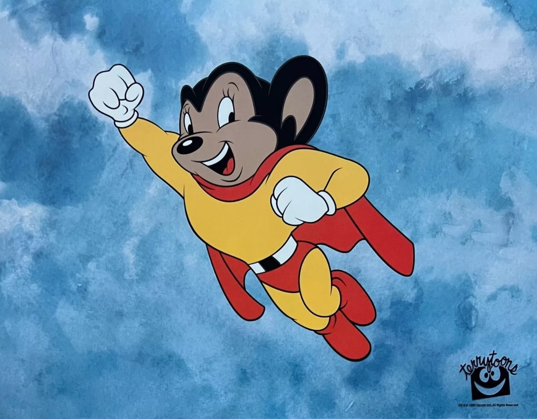 Terry Toons, Mighty Mouse Cartoon, Limited Edition Animation Cel: Limited edition sericel of Mighty Mouse titled "Here I Come to Save the Day!" This sericel features Mighty Mouse as he appeared in the classic animated cartoon series. This Cel measures 11" x 14",