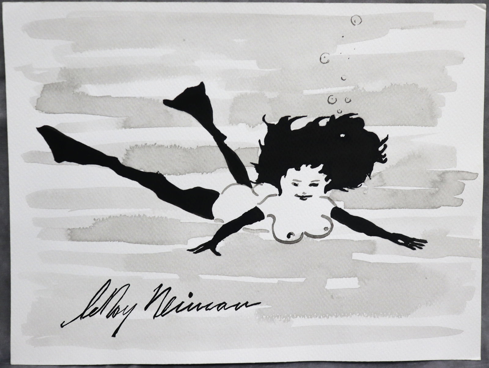 Playboy | LeRoy Neiman Femlin Swims, Original Drawing: Artist: LeRoy Neiman (1921-2012) Title: Playboy Femlin - Surface: Paper Type: Drawing / Sketch Size: Medium: Watercolor / Ink Origin: USA Year: Circa 1990's to early 2000's Edition: Original Artist Bi