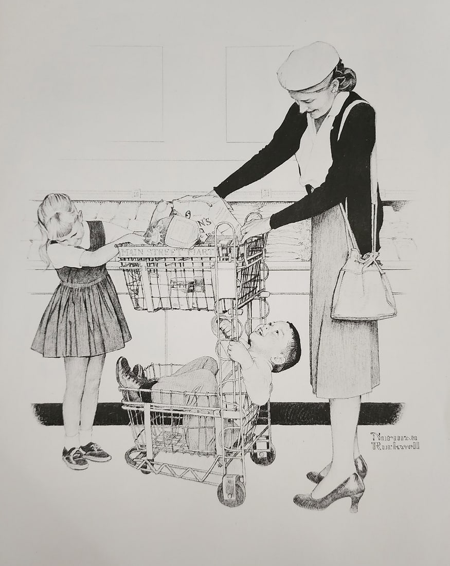 Norman Rockwell, Grocery Shopping - 1961: Norman Rockwell "Grocery Shopping " from the "American Family Life" portfolio, Sketch Drawing 1950s for Massachusetts Mutual Company Media: offset lithograph on heavy cardstock paper Licensed print, S