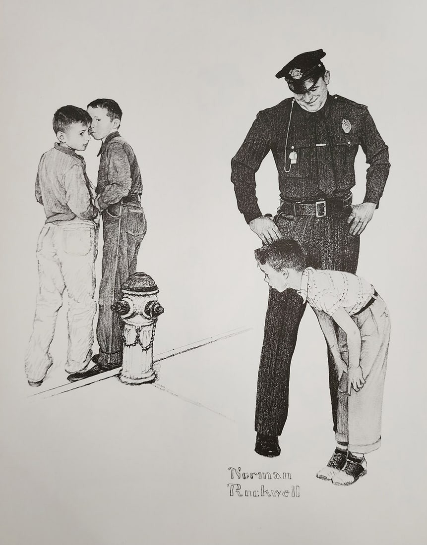 Norman Rockwell, Kind Police Officer - 1960: Norman Rockwell "Kind police officer" from the "American Family Life" portfolio, Sketch Drawing 1950s for Massachusetts Mutual Company Media: offset lithograph on heavy cardstock paper Licensed print,