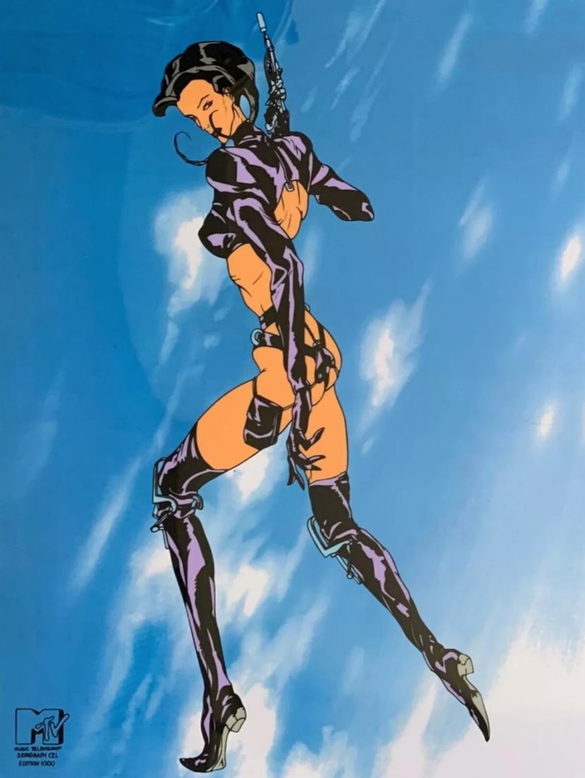 MTV, Aeon Flux, Limited Edition Animation Cel: Rare Limited Edition Sericel of AEON FLUX from the MTV Studios animated series Aeon Flux (1991-1995). Produced in 1995 from a limited edition of 1000. This sericel bears an MTV Seal Of Authenticity. M