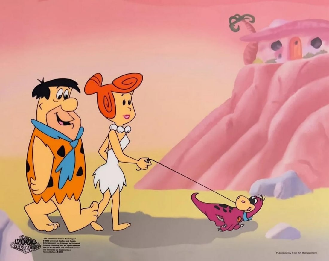 Hanna-Barbera, Flintstone's, Fred & Wilma Walking Baby Dino , Limited Edition Animation Cel: Limited edition Sericel of The Flintstones titled "Walking Dino". This fantastic animation features Fred, Wilma and Dino as they appeared in the animated cartoon feature "Viva Rock Vegas". This Cel me