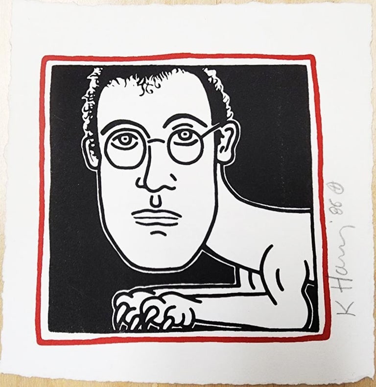 Keith Haring, "Self-Portrait" (Invitation To Palladium Haring Dinner Party) 1985: Keith Haring "SELF-PORTRAIT" (Invitation to Palladium Dinner), 1985 SIGNED and Dated in pencil (right margin) Edition size unknown Published by Tony Shafrazi and Leo Castelli Color screenprint, full m