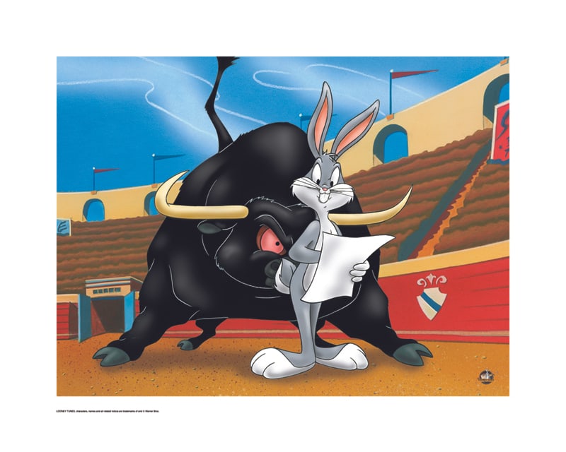 Warner Bros, Looney Tunes, Bugs Bunny & Albert Bull, "Bully For Bugs": Title: Bully For Bugs Subject: Looney Tunes Publisher: Classic Moments Type: Animation Giclee Paper: MT600 Year Produced: Circa 2000-2010 Size: 16" x 20" Condition: Excellent Licensed by Warner Bros. 