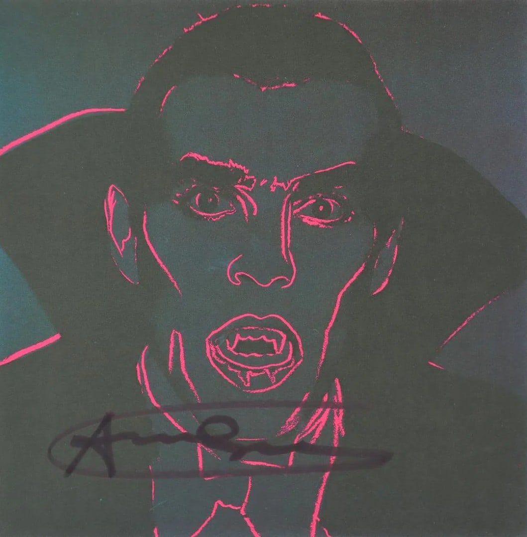 Andy Warhol (1928-1987), 'Myths Suite - Dracula', Hand Signed Invitation, 1981: Artist: Andy Warhol (1928-1987) Title: Dracula Type: Offset lithograph (Invitation) Year: 1981 Hand-Signed: Yes Suite: 'Myths' Size: 6.5" x 6.5" inches Publisher: Ronald Feldman Fine Arts, Inc Framed: