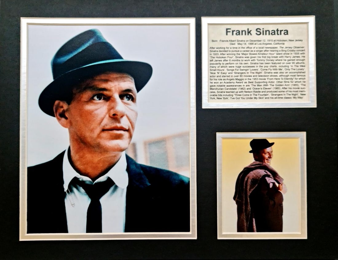 Frank Sinatra, Matted Photo Collage: Description Subject: Frank Sinatra Matted Photo Collage Type: Photo Reproduction Prints Matt Size: 14" x 11" Country of Origin: USA Condition: Excellent