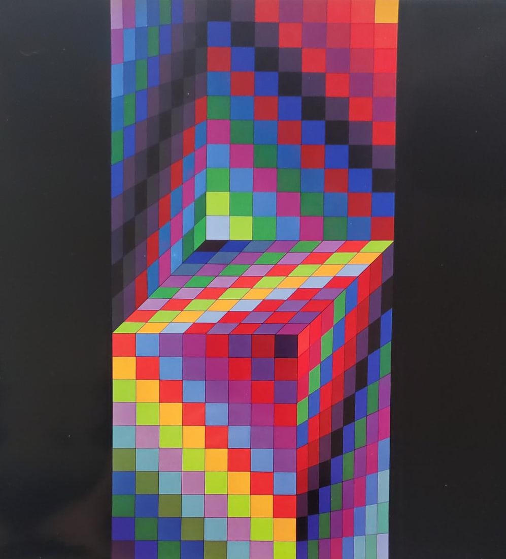 Victor Vasarely, Axo-77, Monograph, 1969: Description: Title: AXO-77 Type: Monograph on paper Not Signed or numbered, as published Published by Editions Du Griffon Neuchatel in 1975, and printed in Switzerland. Size 10.5 x 10.5" Framed Approx