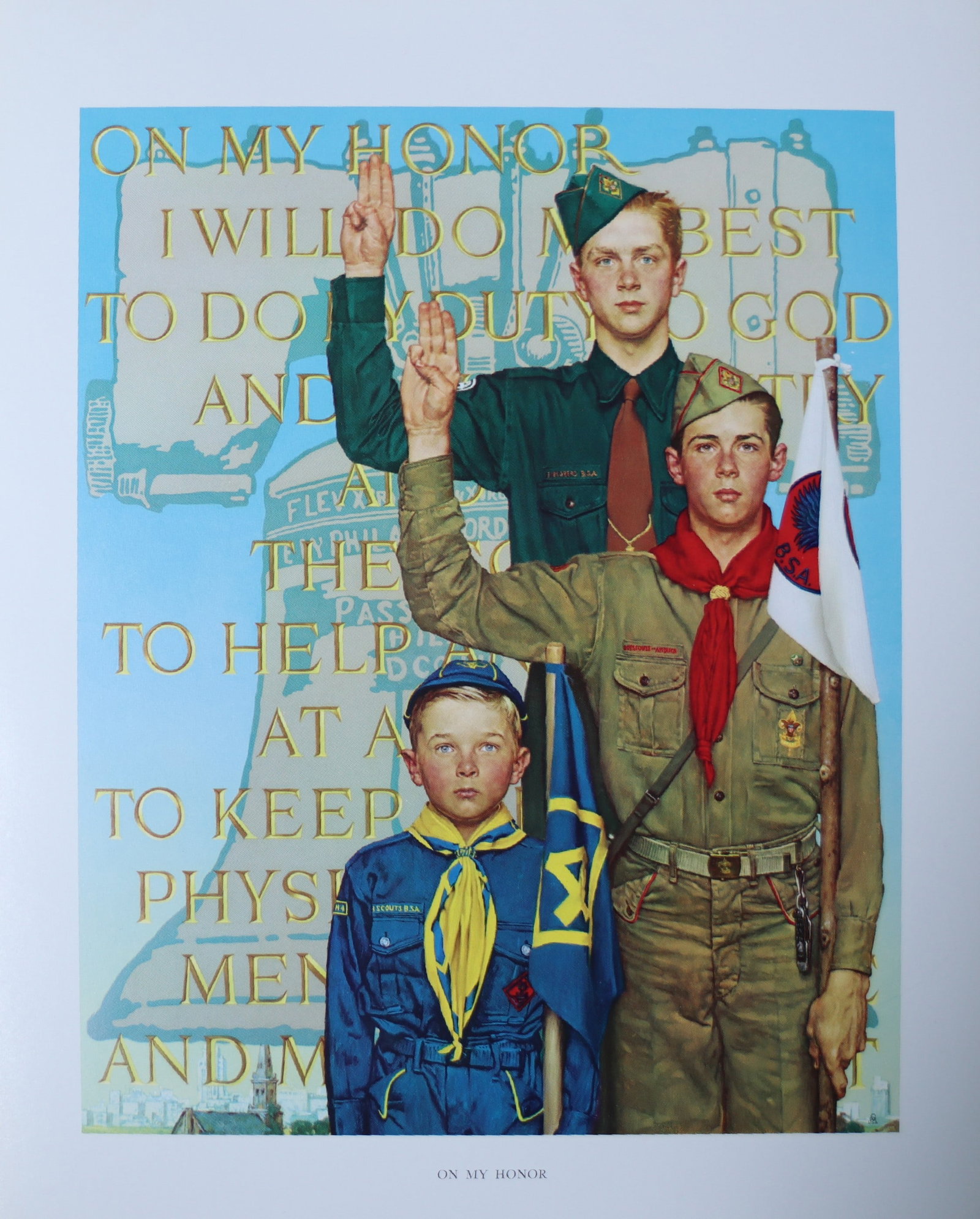 Norman Rockwell, 'On My Honor', Offset Lithograph, 1969: Artist: Norman Rockwell (American, 1894-1978) Title: Surface: Gloss Paper Type: Offset Lithograph Year: 1969 Size: 14"x11" inches (35.6 x 27.9 cm) (sheet, each)Origin: USA Signed: No Artist Bio: First